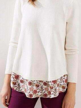 LOFT Women's Cream Floral Print Layered Hem Sweater with Ties in Back Size XS